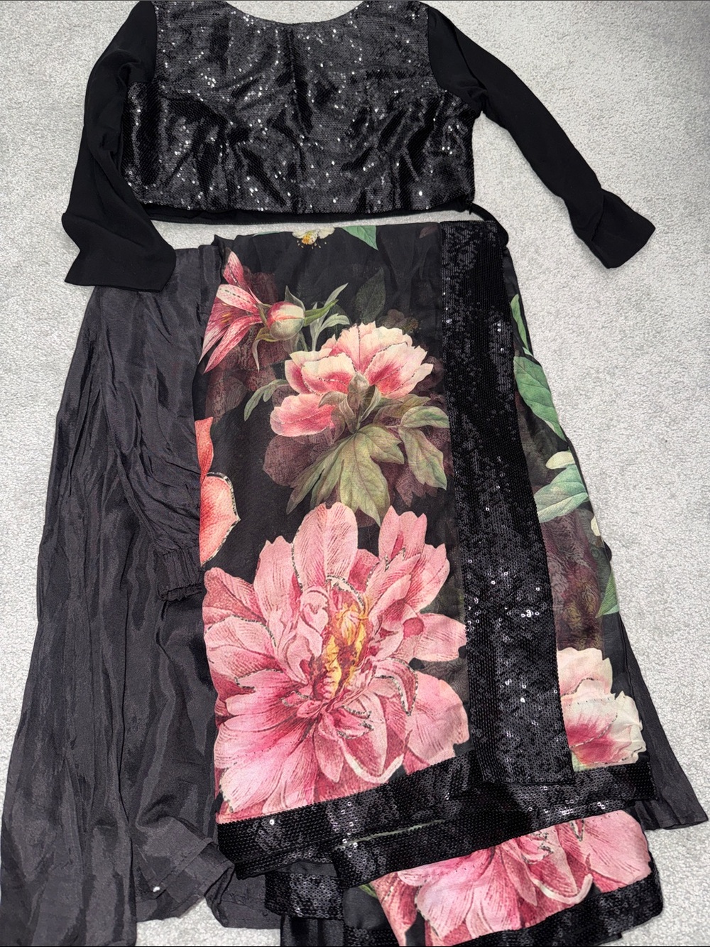 Black Floral Saree with Pink Blooms - Elegant Women's Saree